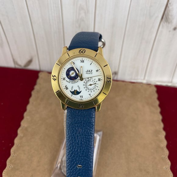 Vintage JAZ Paris French Moonphase 18 Karat Gold 10 Micron Plated - Picture 2 of 7